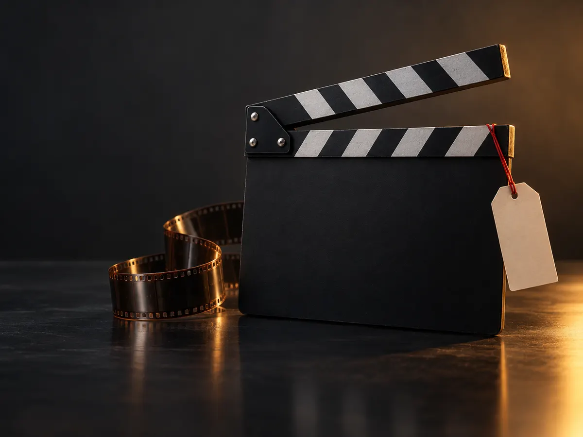 A clapperboard with a blank price tag beside a roll of film, representing the Seedance 3.0 Black Friday sale