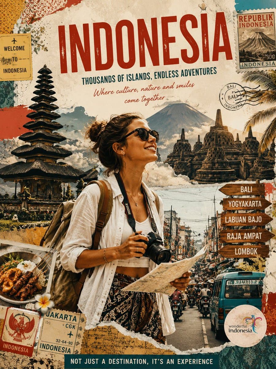 复古印度尼西亚旅行拼贴海报 preview image 1