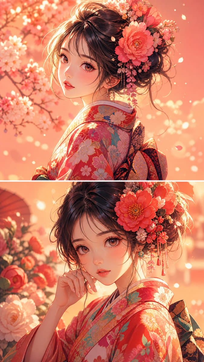 Anime Girl Floral Kimono Portrait preview image 2